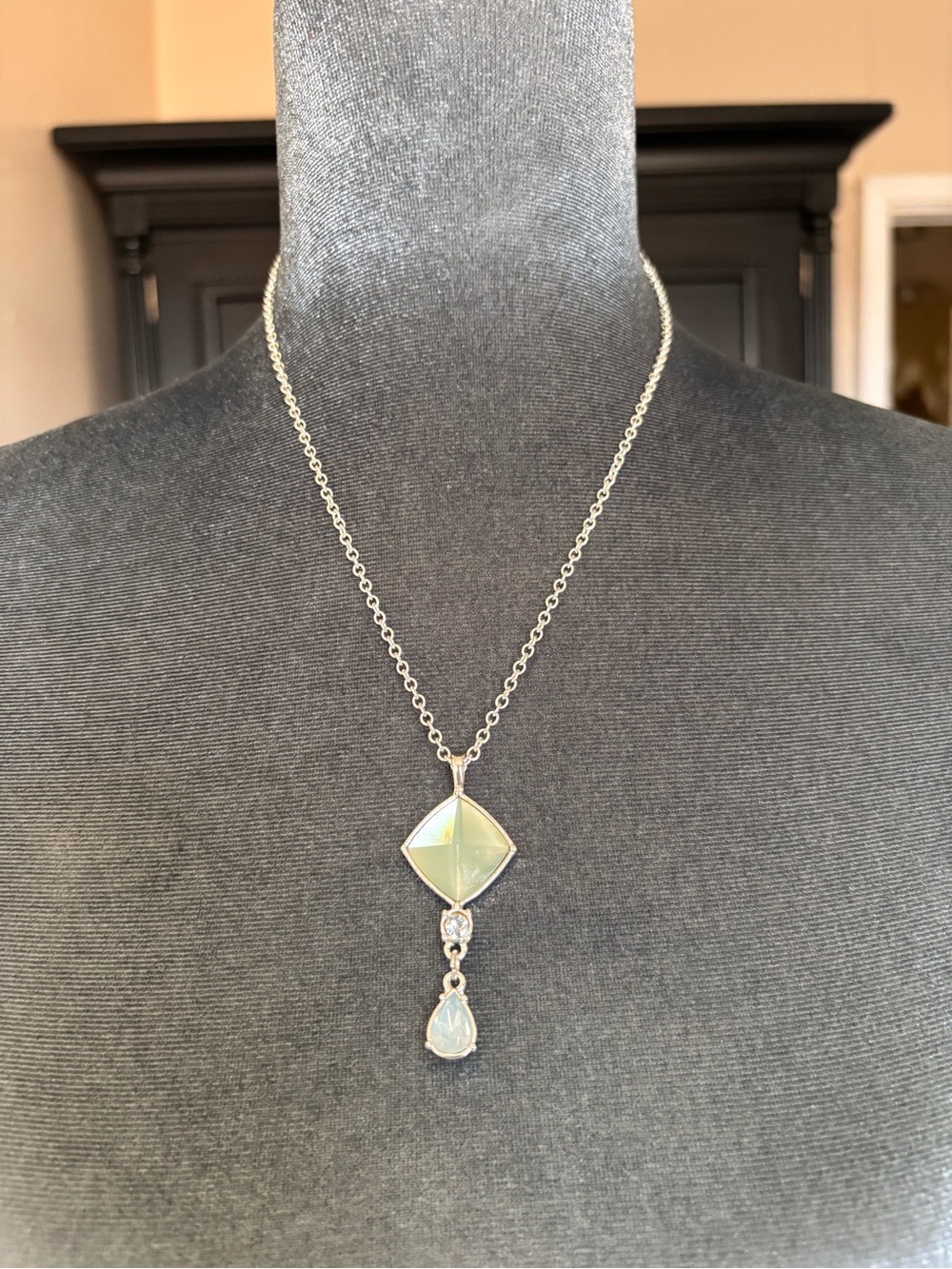 Avon Silver Necklace with Pale Green Kite Pendant and Teardrop Accent